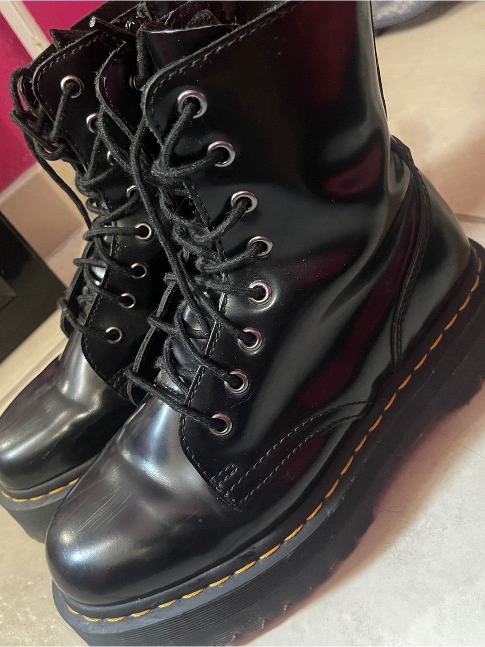 Dr. Martens Black Platform Lace-Up Combat Boots with Yellow Stitching